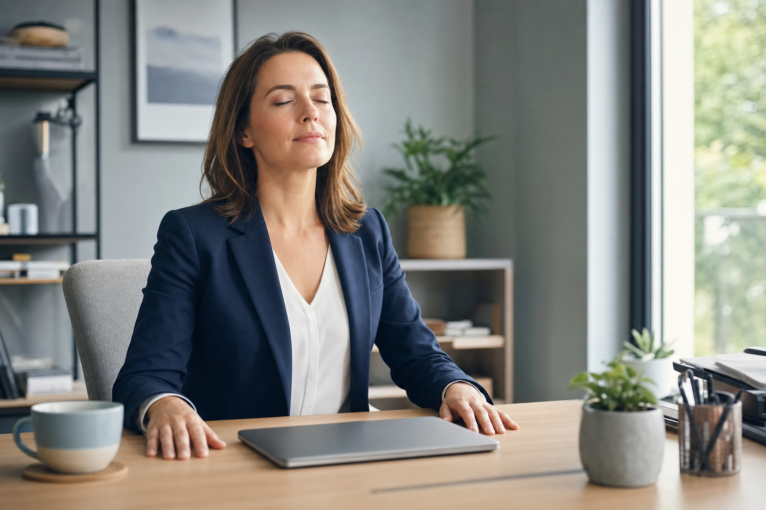 Person macht am aufgeräumten Homeoffice-Schreibtisch eine bewusste Atempause neben zugeklapptem Laptop