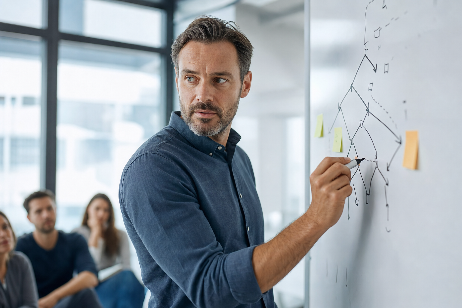 Führungskraft skizziert einen Entscheidungsbaum an einem Whiteboard und wägt Risiken ab